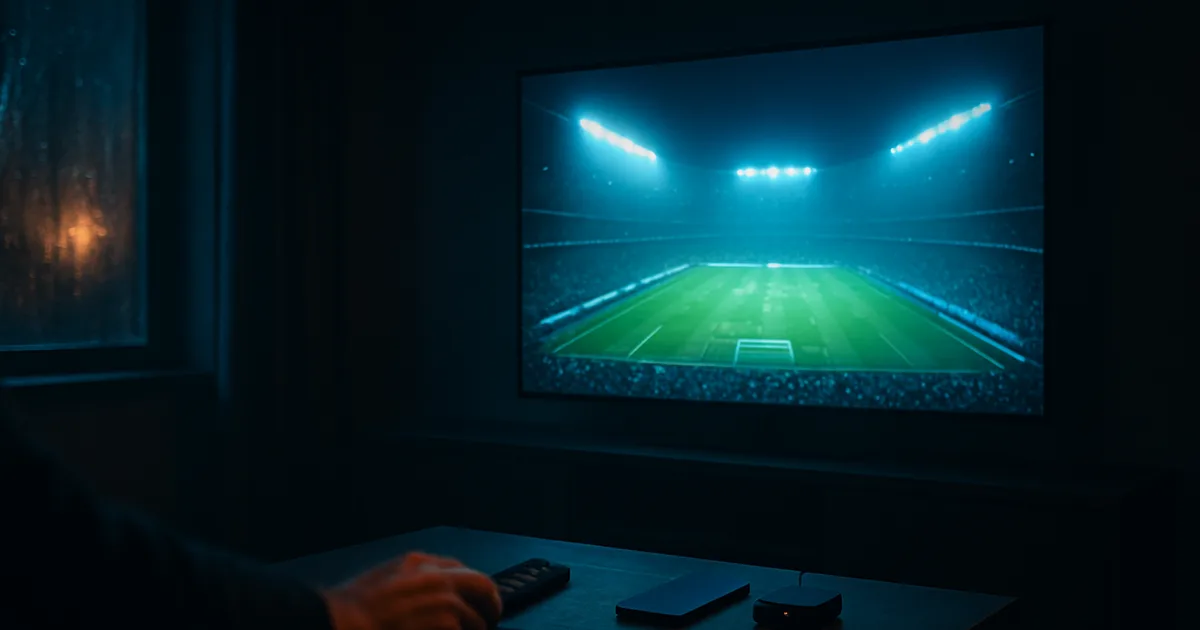 Ciemny salon nocą, na dużym telewizorze transmisja meczu piłkarskiego ze stadionu, obok pilot, smartfon i przystawka streamingowa na stoliku
