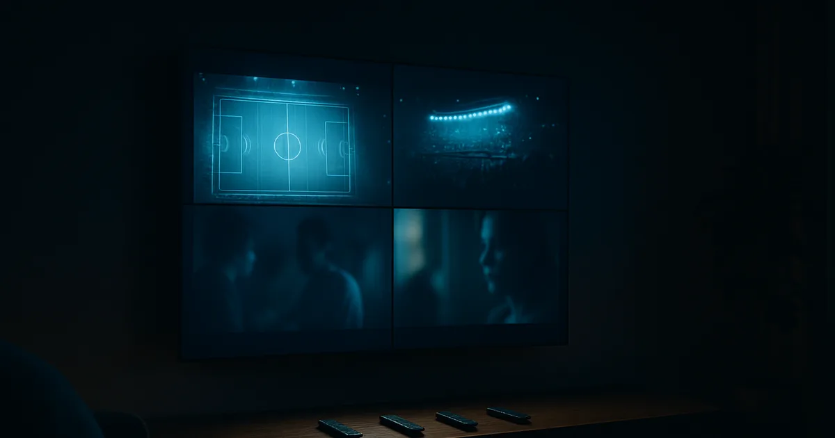 Ciemny salon nocą, na dużym telewizorze transmisja meczu piłkarskiego ze stadionu, obok pilot, smartfon i przystawka streamingowa na stoliku