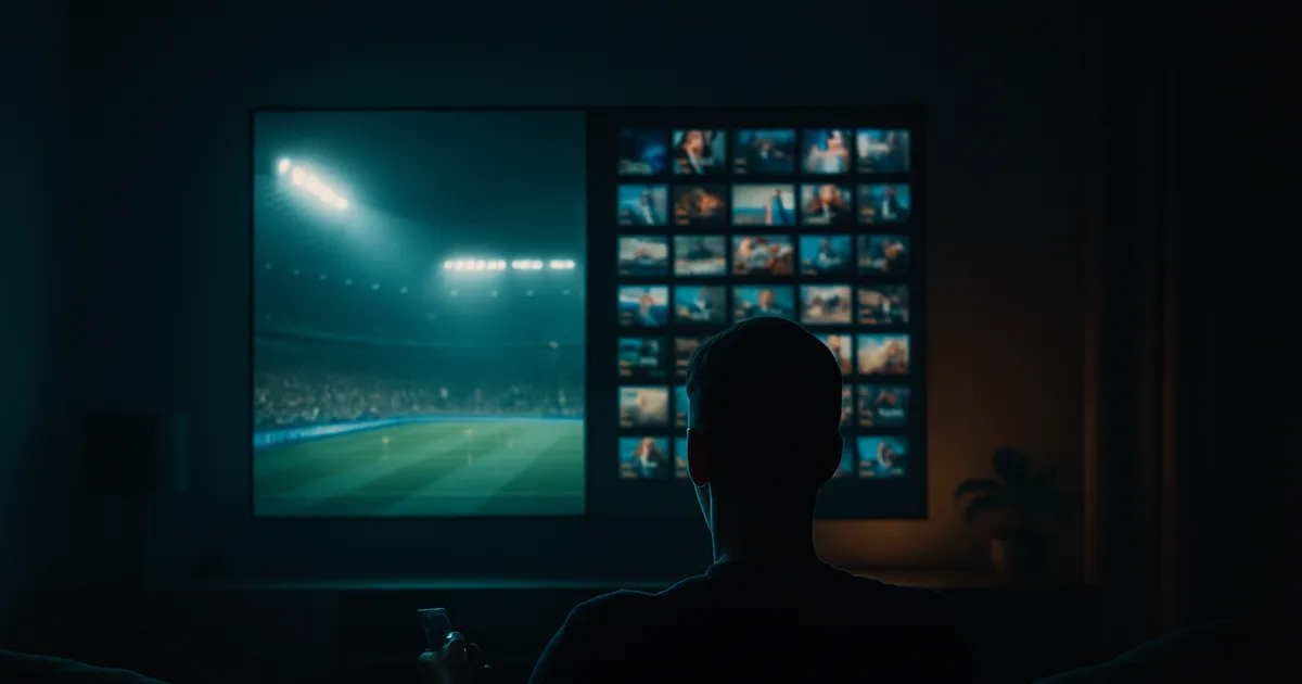 Ciemny salon nocą oświetlony niebieskim blaskiem dużego telewizora; na ekranie z jednej strony stadion piłkarski w światłach reflektorów, z drugiej ściana miniatur kanałów, a na pierwszym planie sylwetka osoby z pilotem w dłoni.