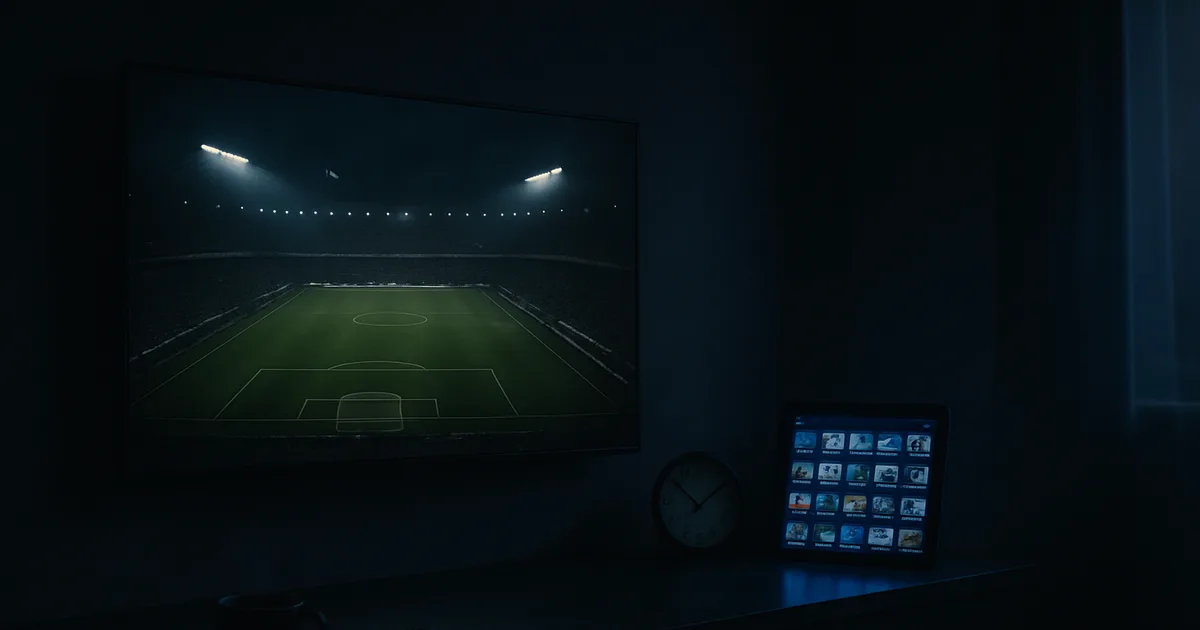 Ciemny salon o zmierzchu: na dużym telewizorze transmisja meczu z oświetlonego stadionu, obok tablet z siatką miniatur kanałów, zegar wskazujący wpół do szóstej, pilot i kubek kawy na konsoli