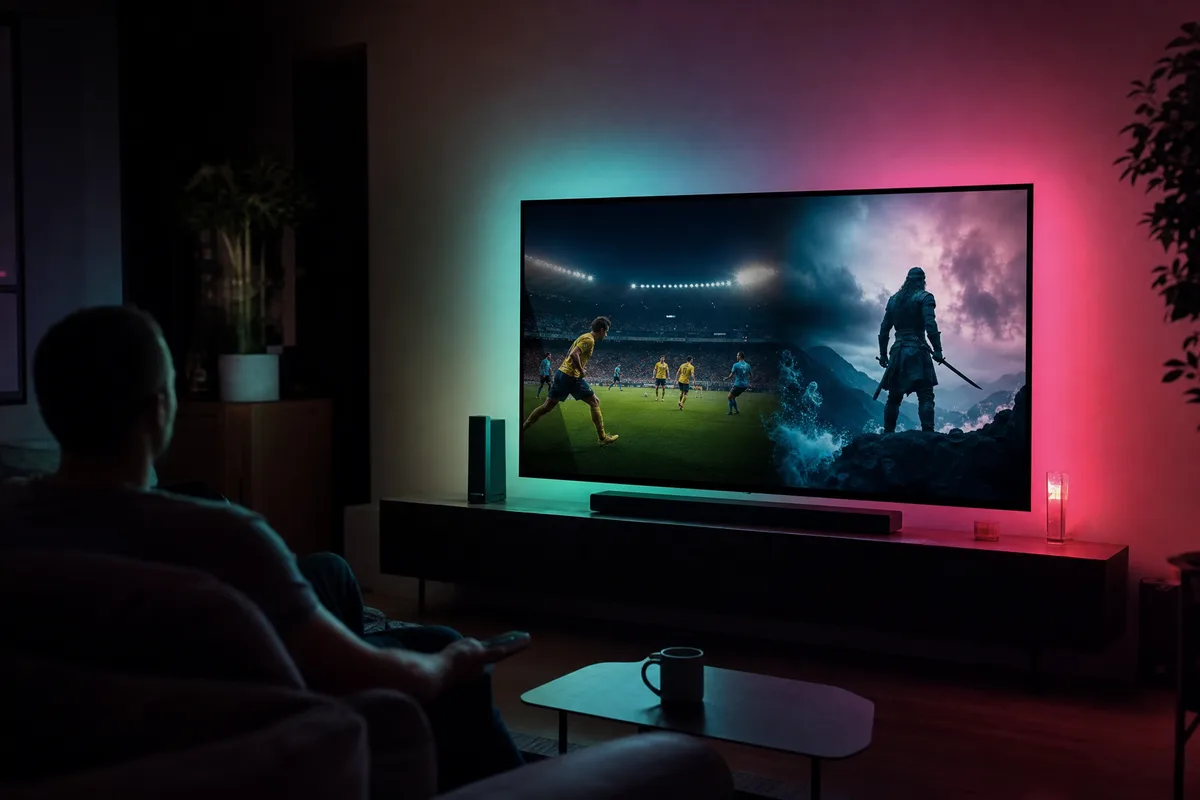 Telewizor pokazujący obok siebie telewizję na żywo, mecz sportowy i okładki filmów w ciemnym salonie wieczorem
