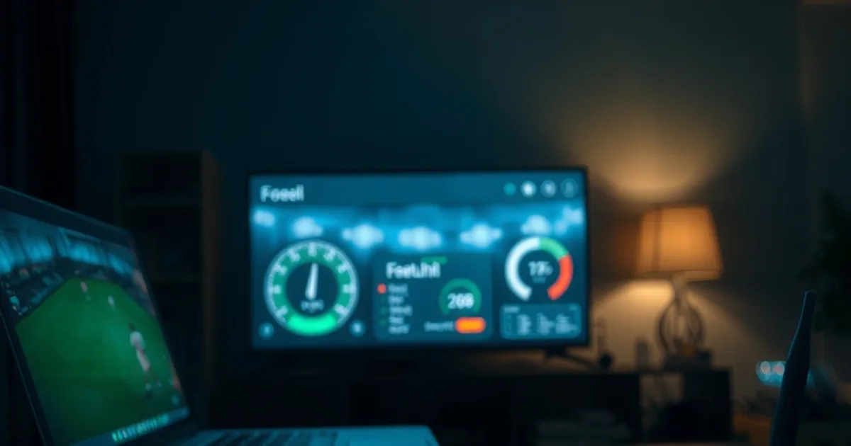 Ciemny pokój nocą, telewizor z zapauzowanym meczem w tle, na pierwszym planie laptop z wykresem testu prędkości internetu i zwinięty kabel Ethernet oświetlony niebieskim blaskiem
