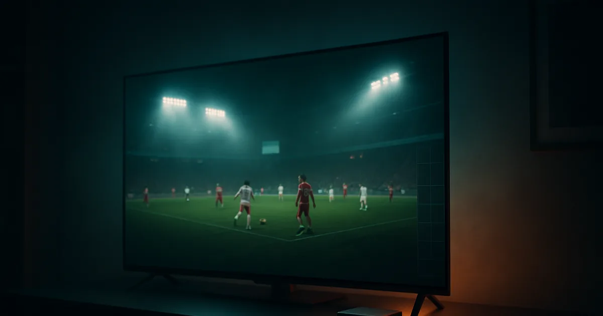 Ciemny salon nocą oświetlony ekranem telewizora 4K z meczem piłkarskim; na szafce pod telewizorem leży czarny Android TV Box i pilot, na krawędzi ekranu widać siatkę przewodnika programowego EPG.