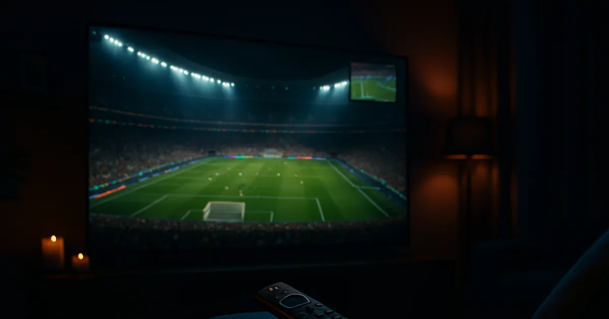 Ciemny salon wieczorem, na dużym telewizorze 4K trwa mecz mundialu z wypełnionym stadionem, na kanapie leży pilot Firesticka, w rogu ekranu mały podgląd drugiego meczu