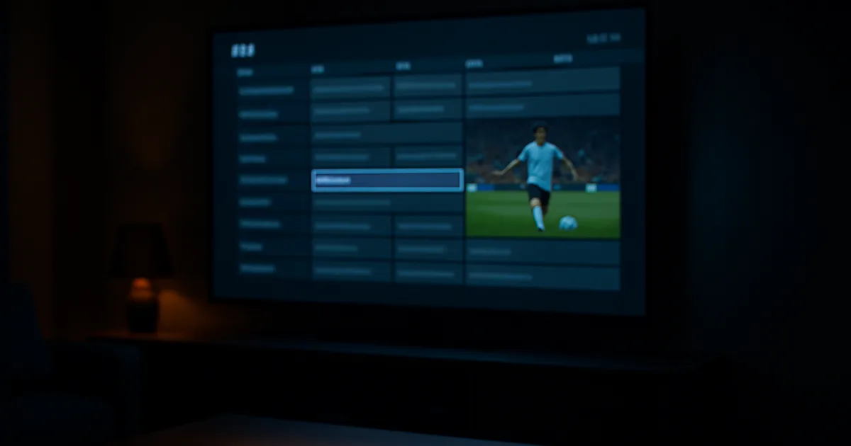 Ciemny salon nocą z dużym telewizorem wyświetlającym przewodnik programowy kanałów sportowych w aplikacji IPTV, na stoliku pilot i przystawka Fire TV Stick
