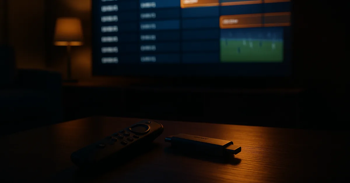 Ciemny salon nocą z dużym telewizorem wyświetlającym przewodnik programowy kanałów sportowych w aplikacji IPTV, na stoliku pilot i przystawka Fire TV Stick