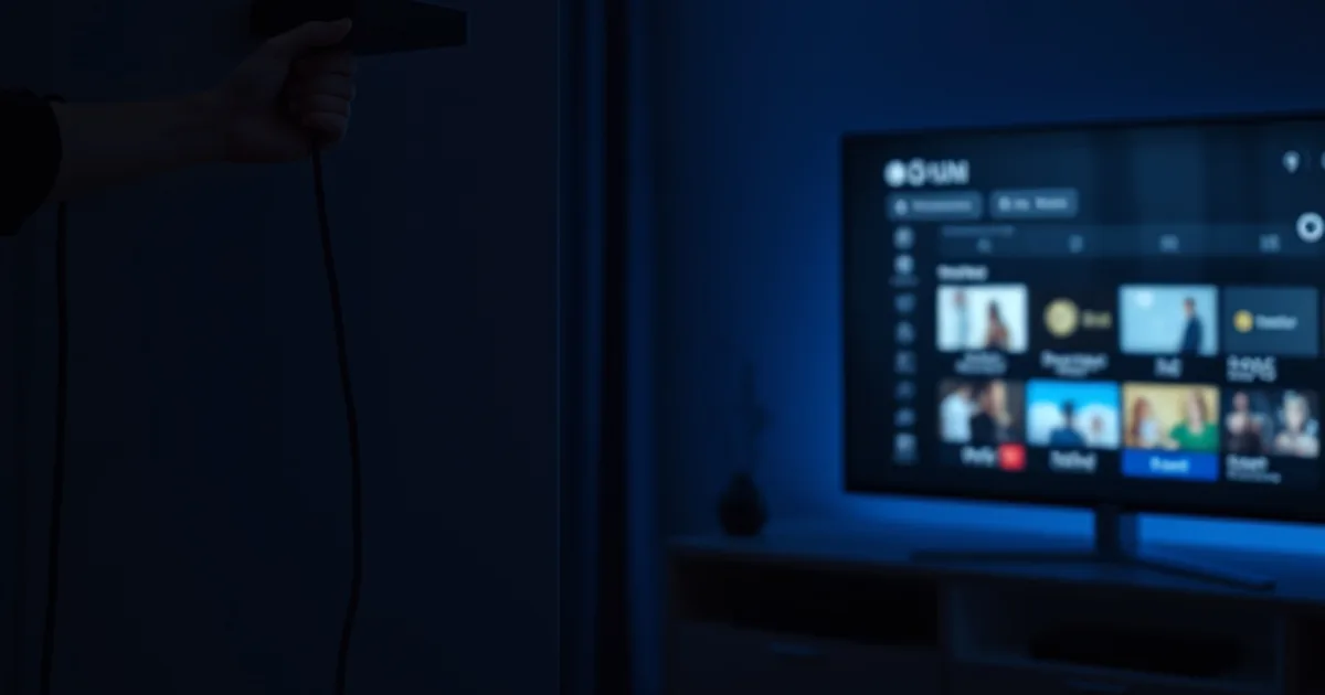Ciemny salon o zmierzchu — dłoń odłącza stary dekoder kablowy, obok podświetlone na niebiesko urządzenie streamingowe podłączone do telewizora
